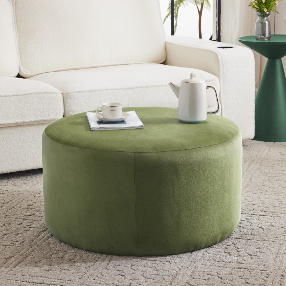 Upholstered Round Ottoman,PU Leather,Brown