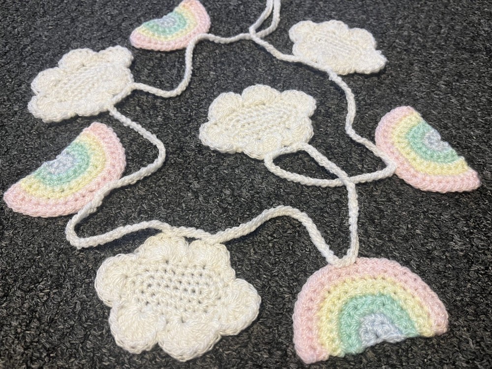🌈Handmade Crochet Rainbow and Cloud Bunting☁️