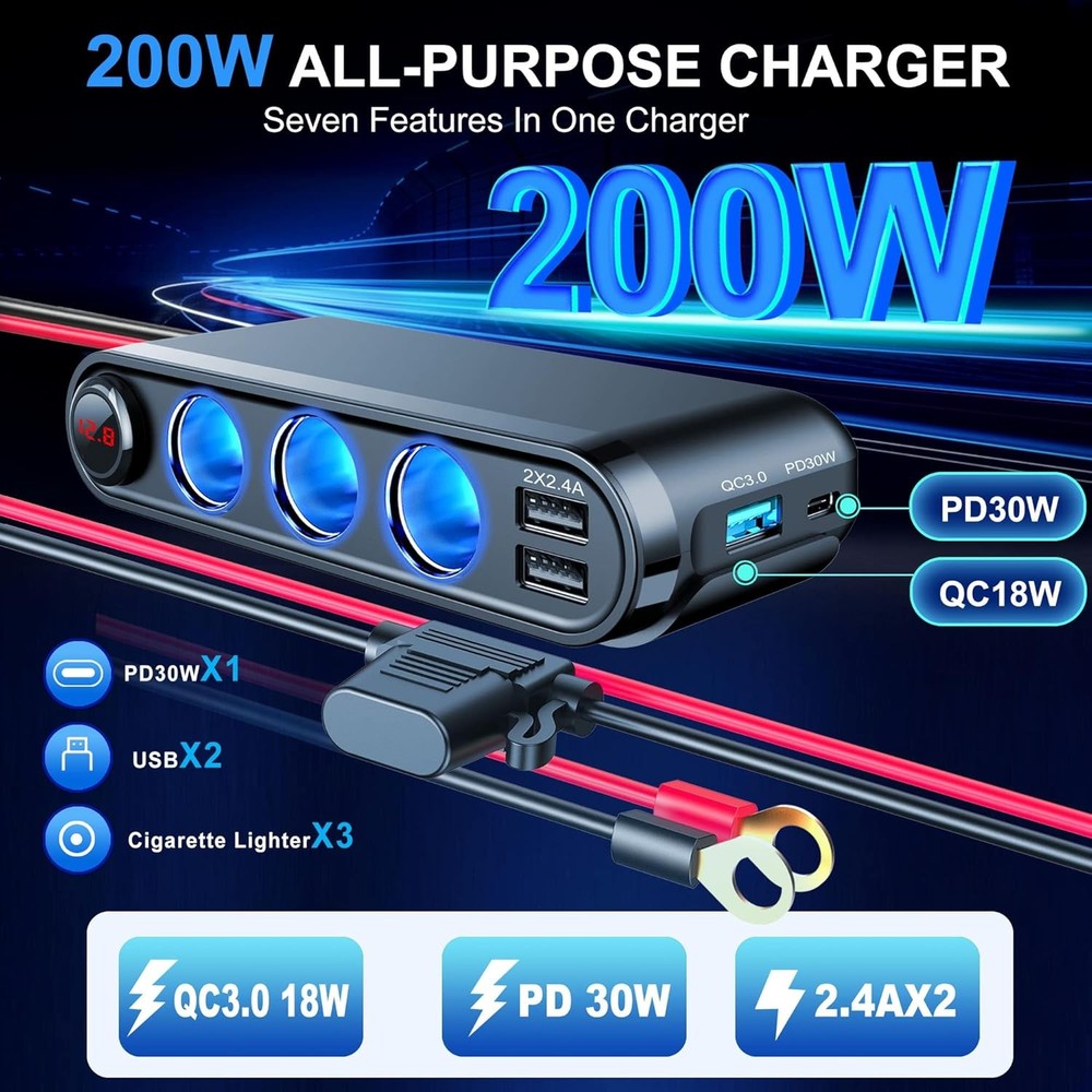 12V Cigarette Lighter Socket Splitter, 200W 3 Multi Port Car Black