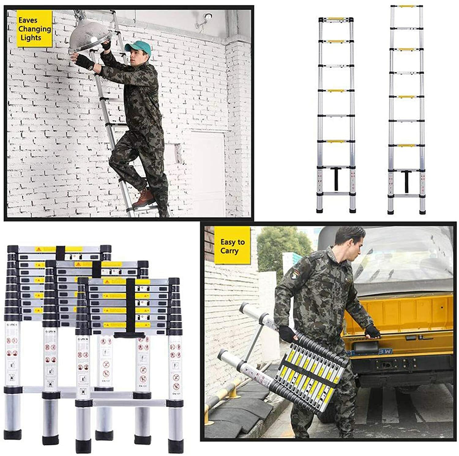 Telescoping Extension Ladder Aluminum Lightweight Collapsible Ladder EN131 150kg