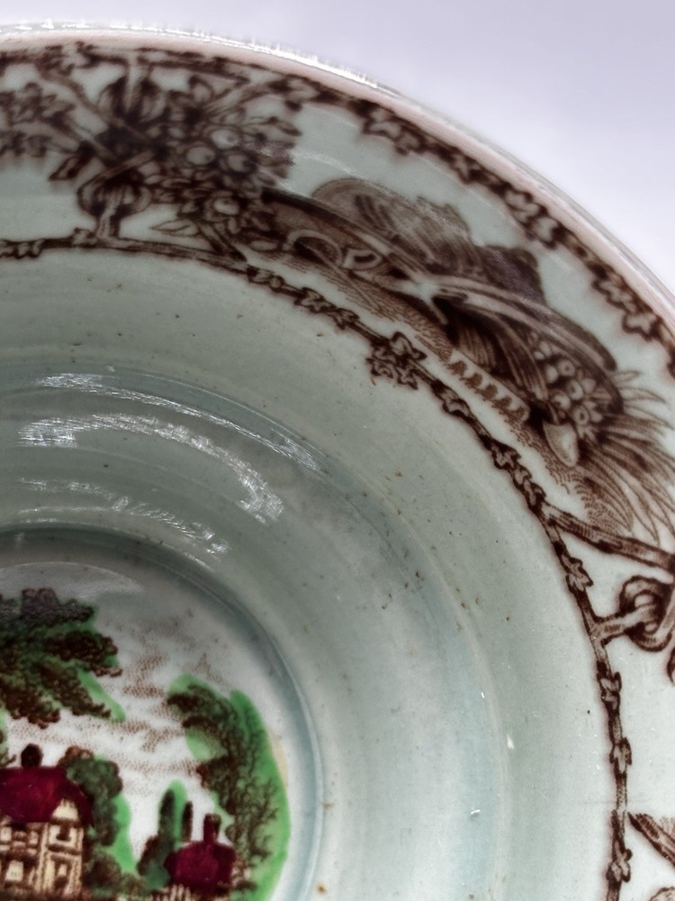 Rare Silver Overlay Pastoral Scene Poly Brown Transferware Cup