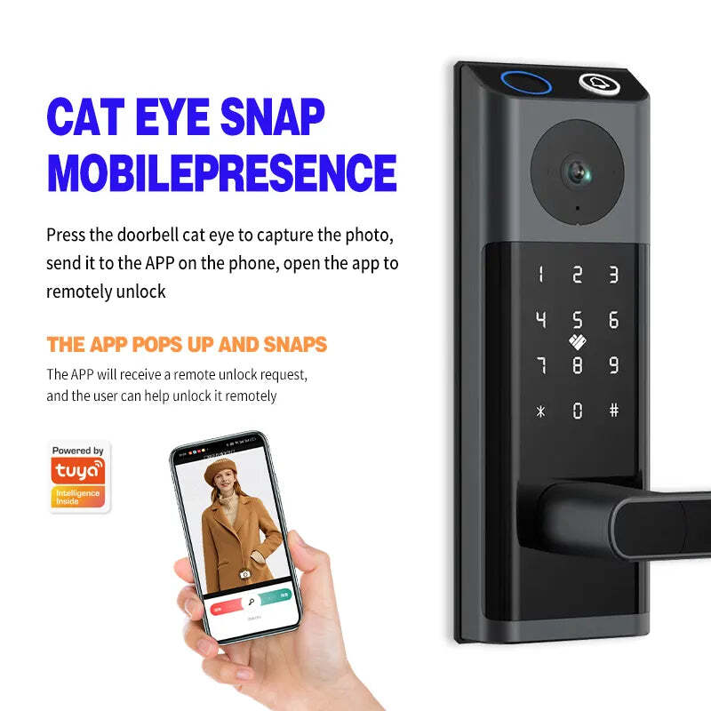 Smart Lock with Camera & Handle Fingerprint Keyless Door Lock WiFi APP Control