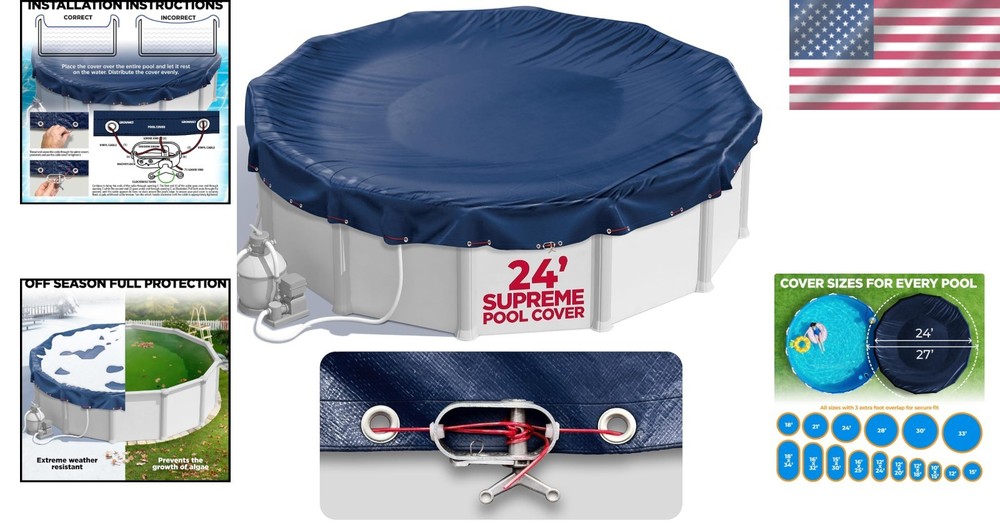 Navy Blue 24 ft Pool Cover with Drawstring for Easy Installation & Security