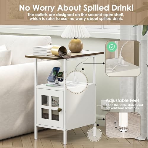Farmhouse Narrow Side Table with Charging Station - 3-Tier End White-glass