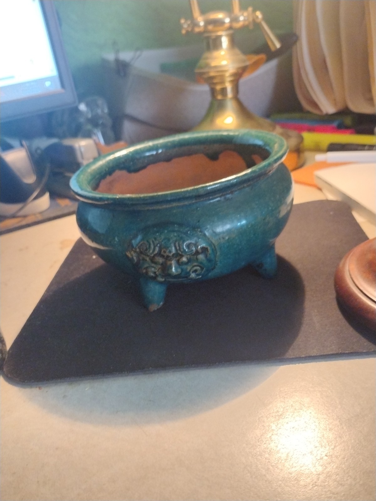 19th CENTURY CHINESE TURQUOISE GREEN GLAZED FOOTED FOO DOG CENSER * W/STAND