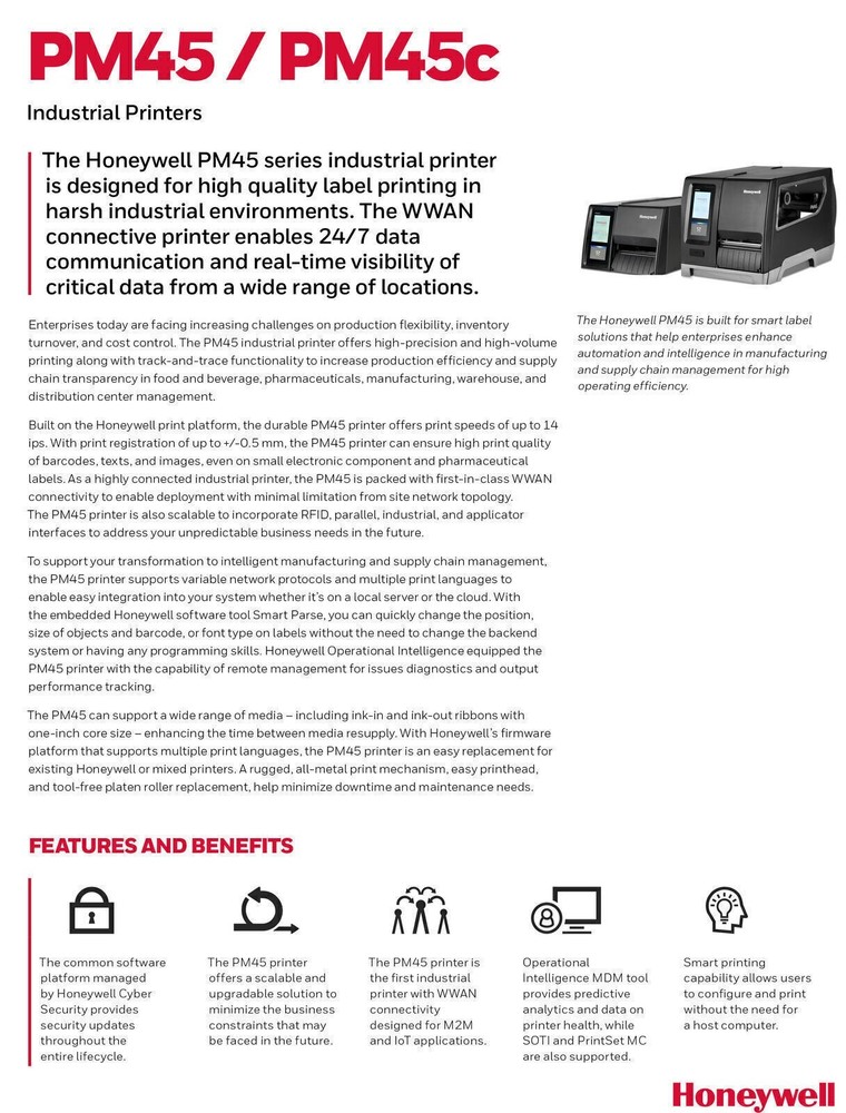 Honeywell PM45 Ethernet Barcode Label Printer 203/300/600dpi Full Touch Display