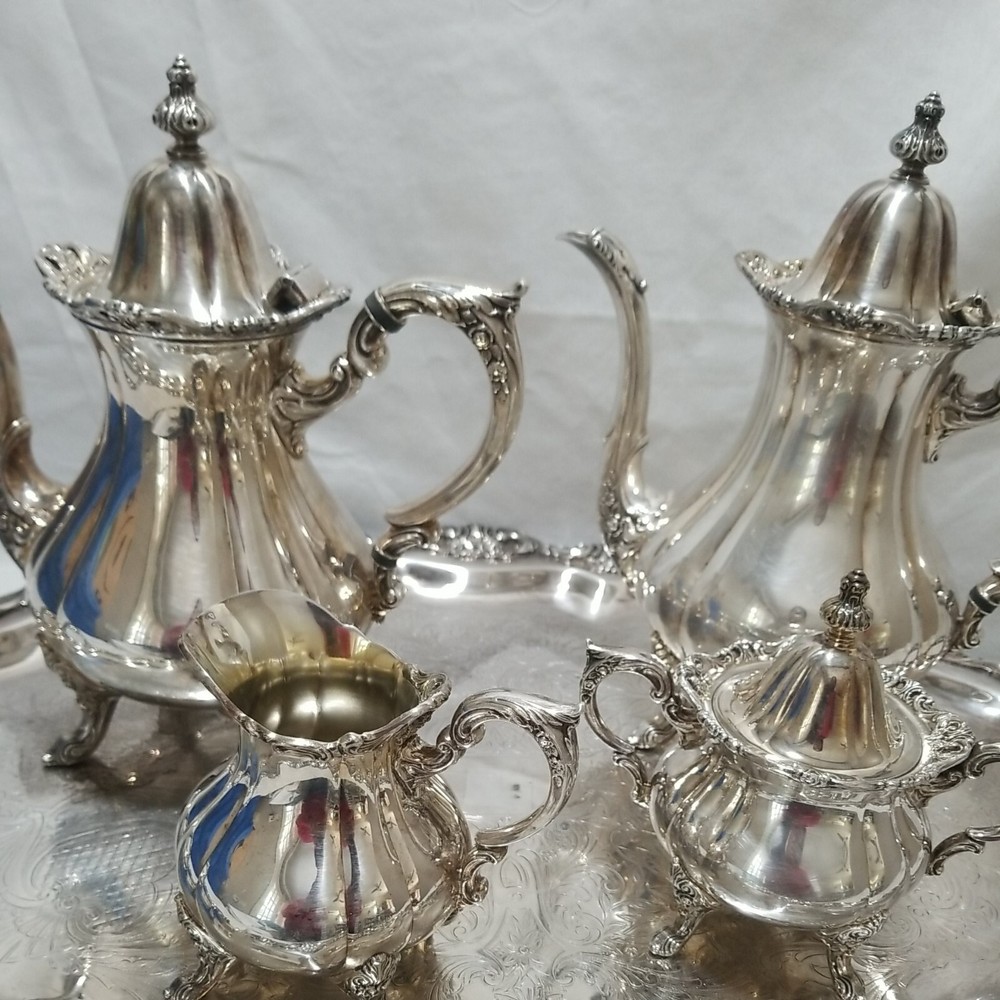 Wallace Silver Plate Coffee, Tea Set 5 Piece Large Tray 28½" Rosepoint Pattern