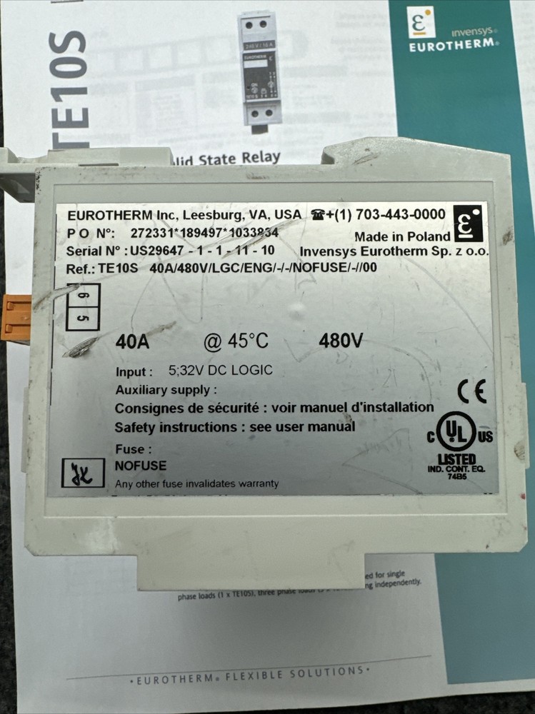 Eurotherm TE10S Single Phase Solid State Relay Input: 5.32V Logic 40 Amp 480V