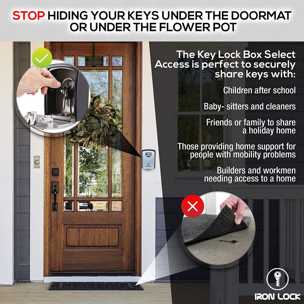 Iron Lock® - Key Lock Box Wall Mount for Keys 4 Digit Combination