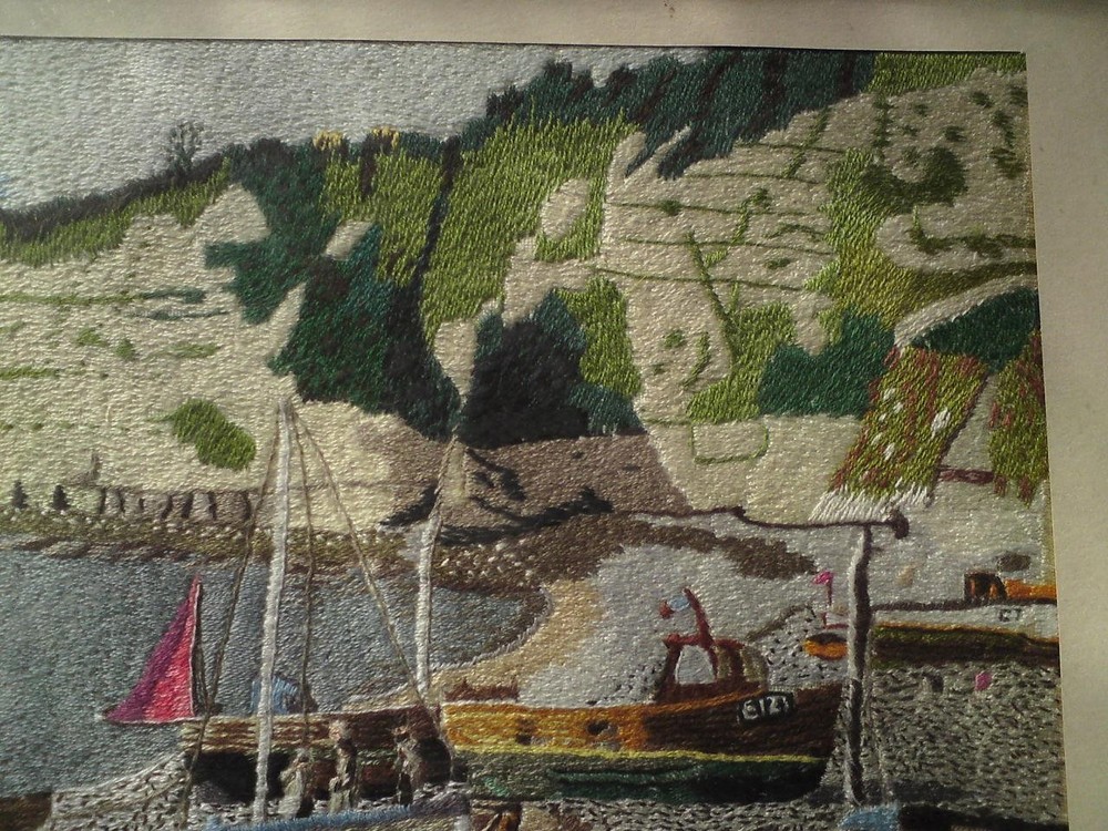 Framed Embroidery Needlework / Wool-work Picture - Beer Harbour, Seaton Devon