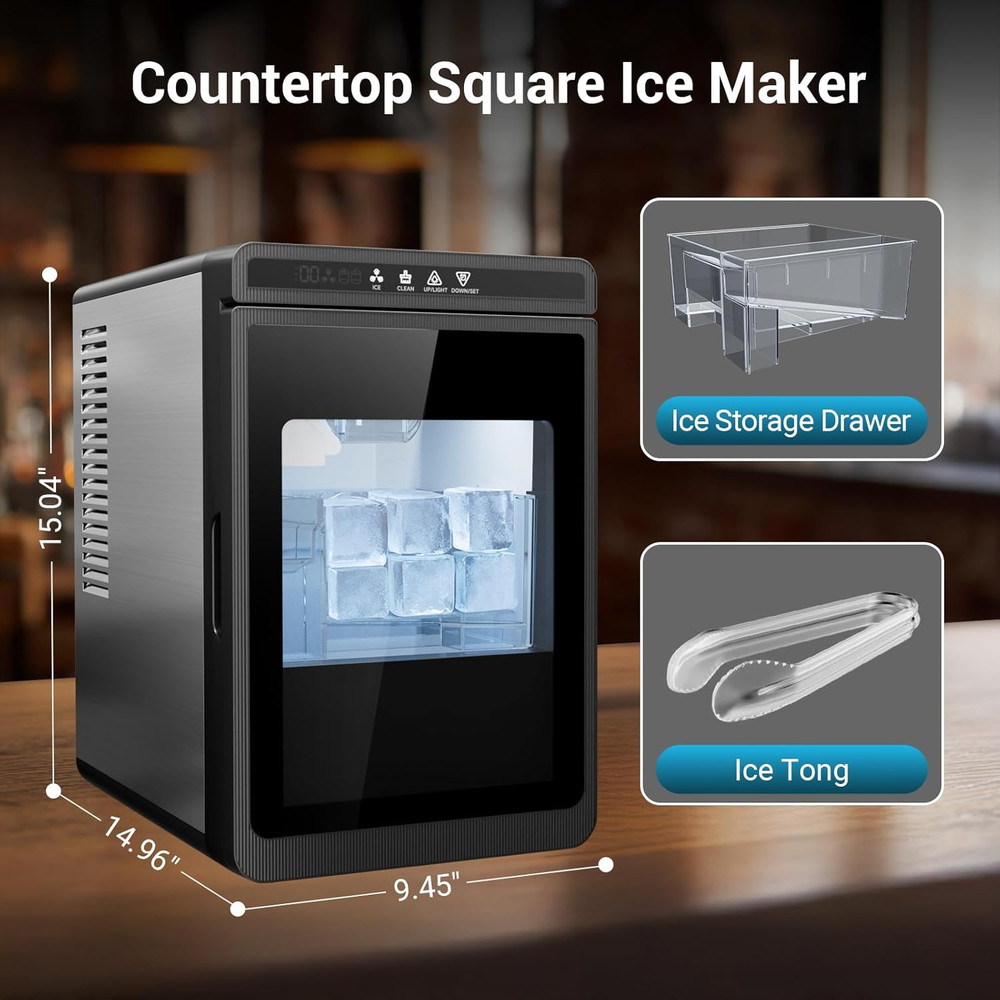 Large Square Ice Cube Maker, 3Pcs in 25Mins, Self-Cleaning, Adjustable Size