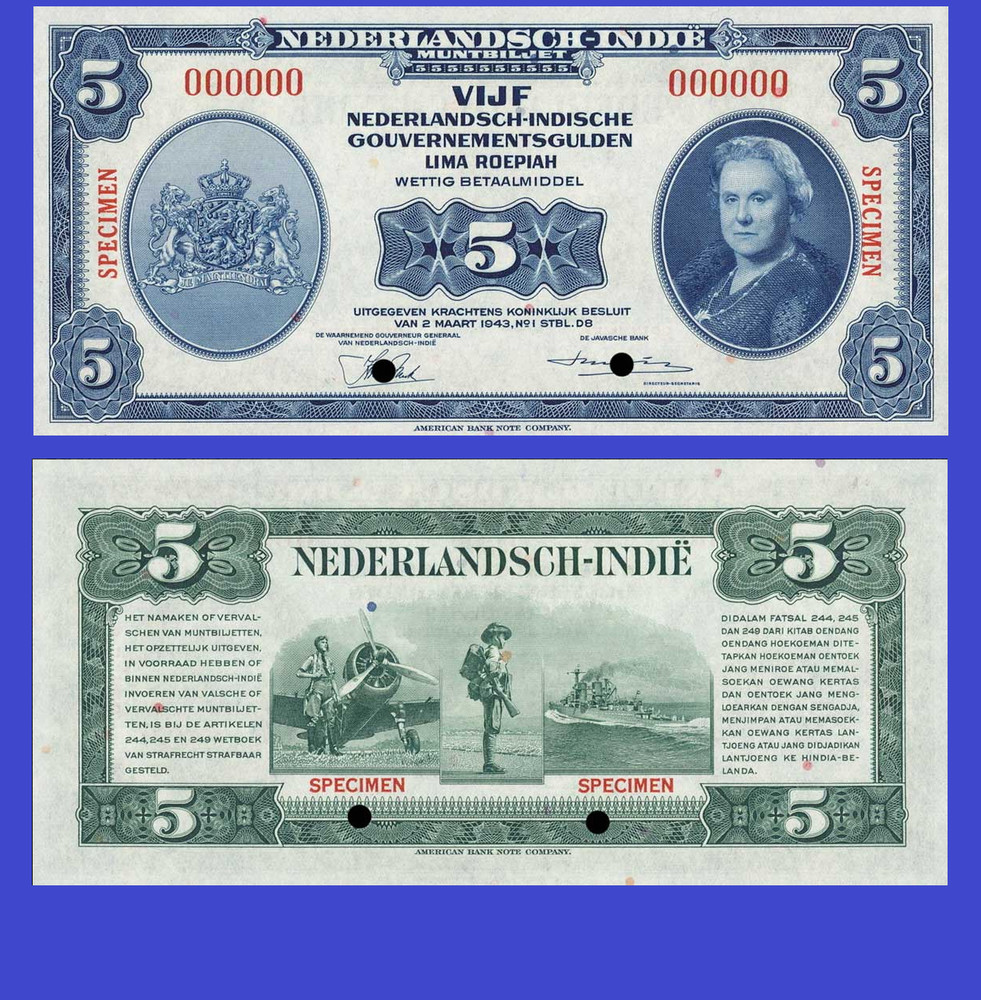 NETHERLANDS INDIES  5 GULDEN 1943  /- Copy