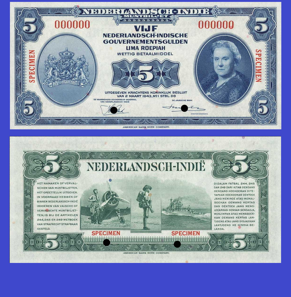 NETHERLANDS INDIES 5 GULDEN 1943 /- Copy