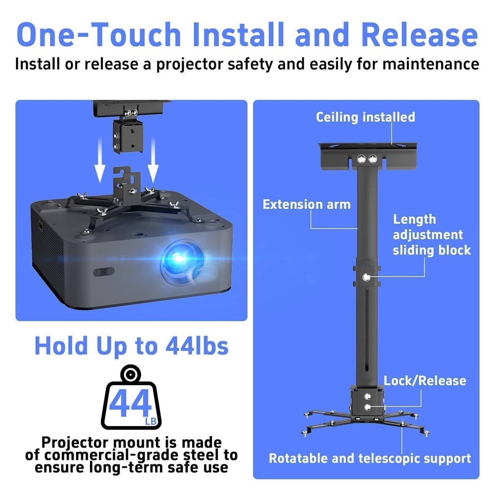 Universal Extendable Tilt DLP LCD Ceiling Projector Mount Bracket 44 lbs - Black