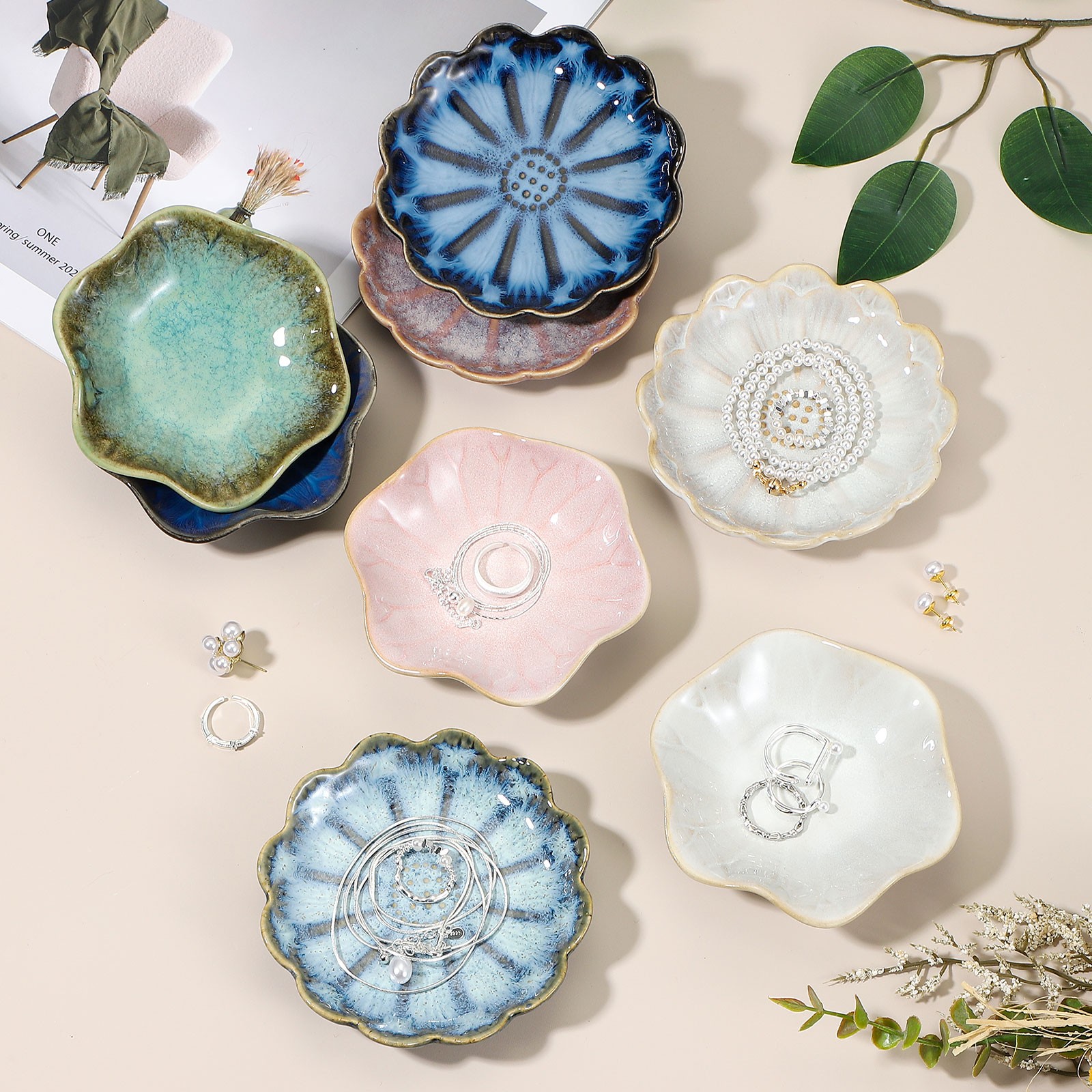 2Pcs Ceramics Jewelry Plate, Lotus Small Ring Tray Key Holder Bowl, Pink/White