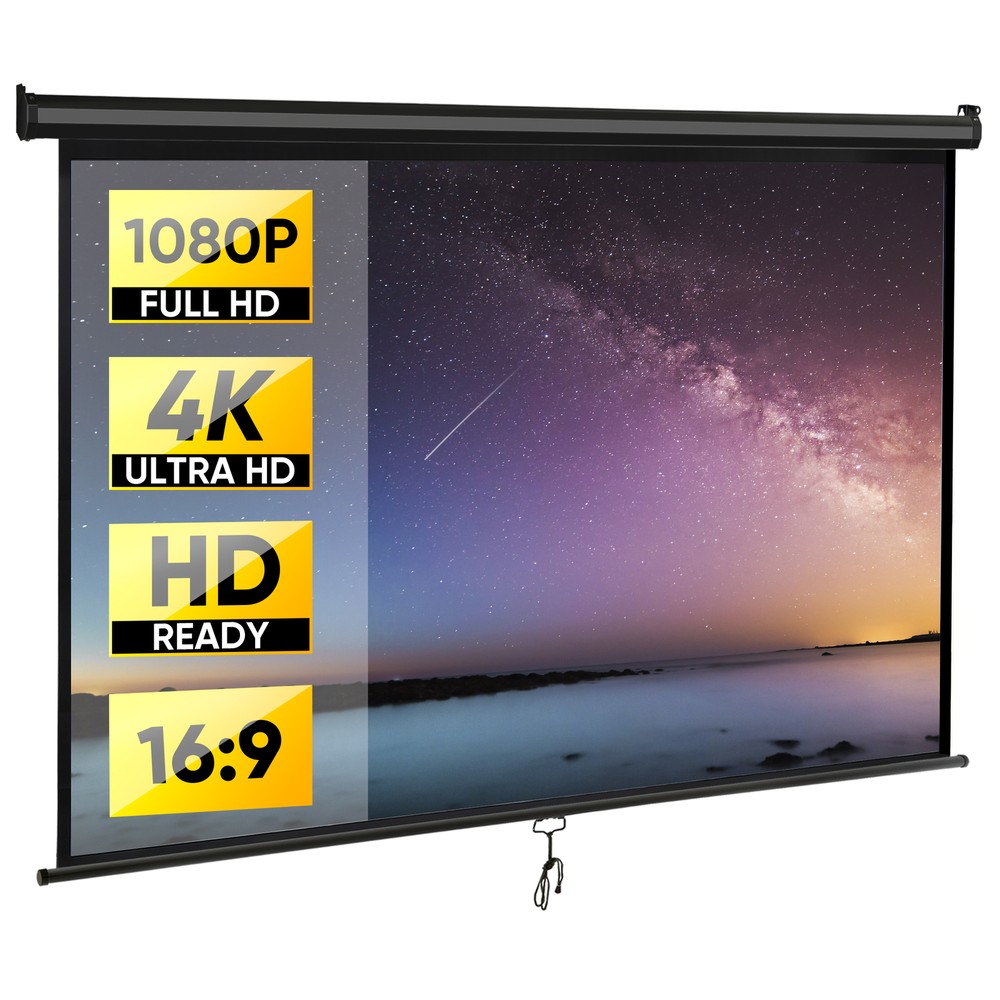 80" Diagonal Projection Projector Screen Manual Pull Down 16:9 HD 4K Movie Black