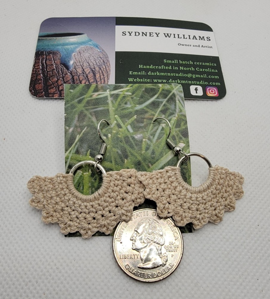 Handmade Crocheted Beige Silver Tone Earrings