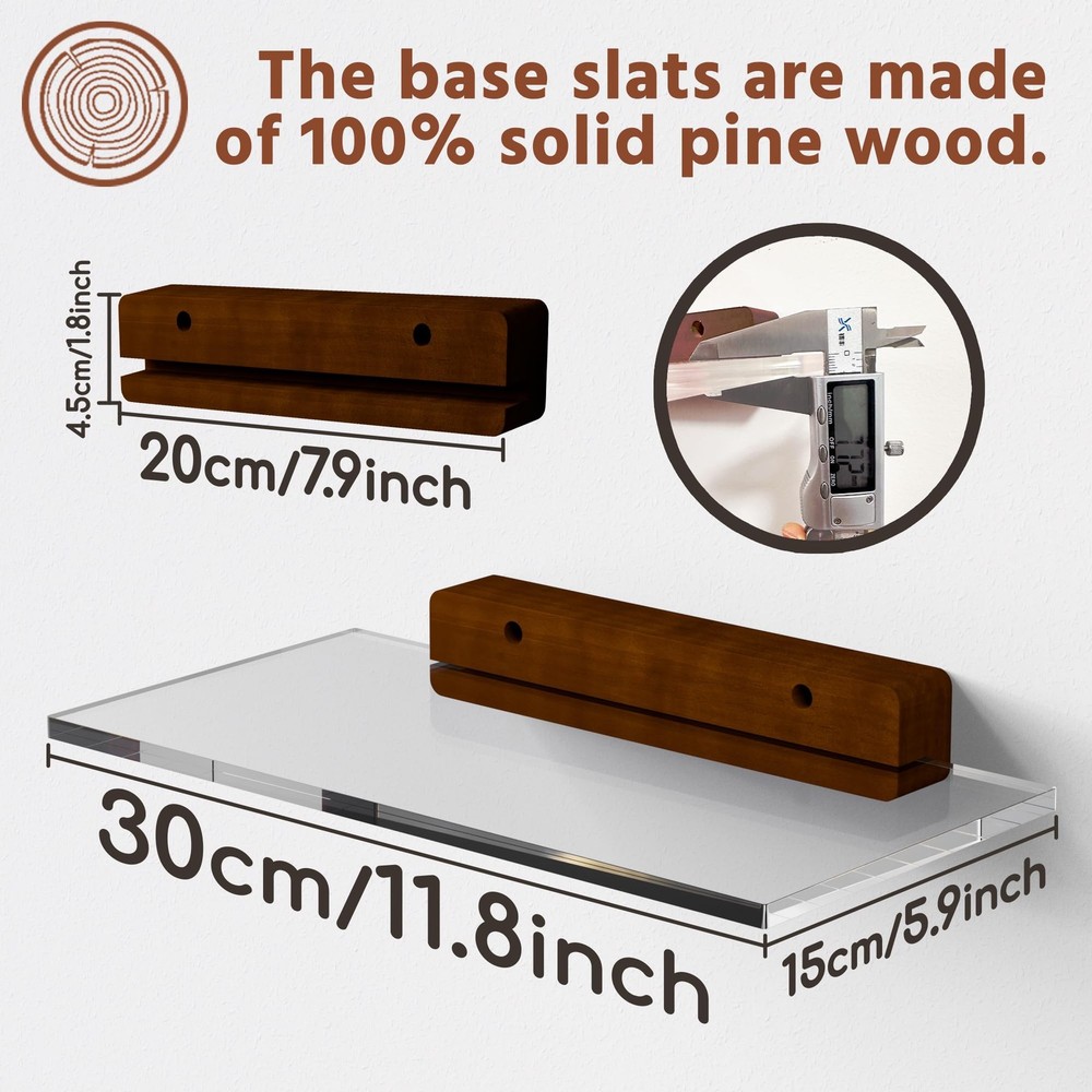 Acrylic Floating Shelves with Solid Wood Base, Wall Mounted Shelf for Plants,...