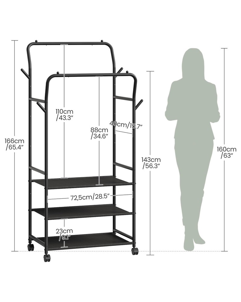 TYM07BB Black Rolling Clothes Rack Double Rod Garment Wheels Shelves Hooks