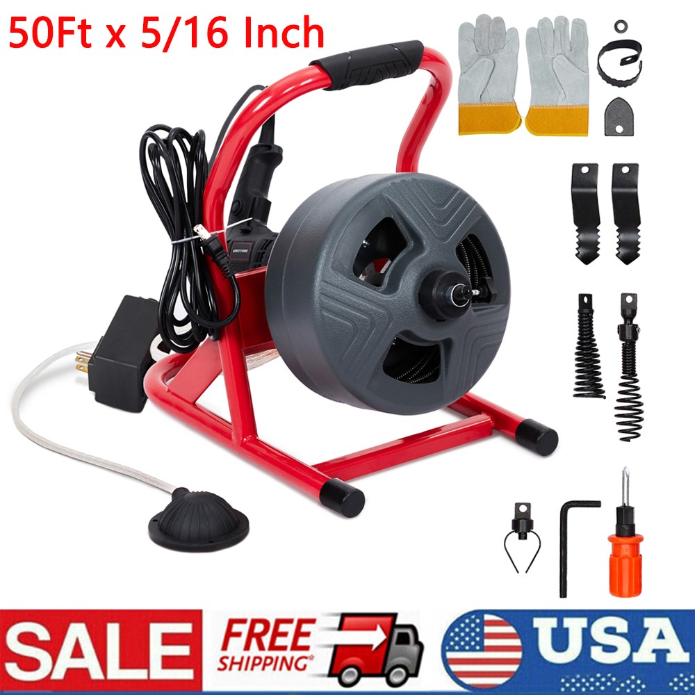 50FT 5/16" Electric Drain Cleaner Sewer Snake Cleaning Machine W/ Cutters&Gloves