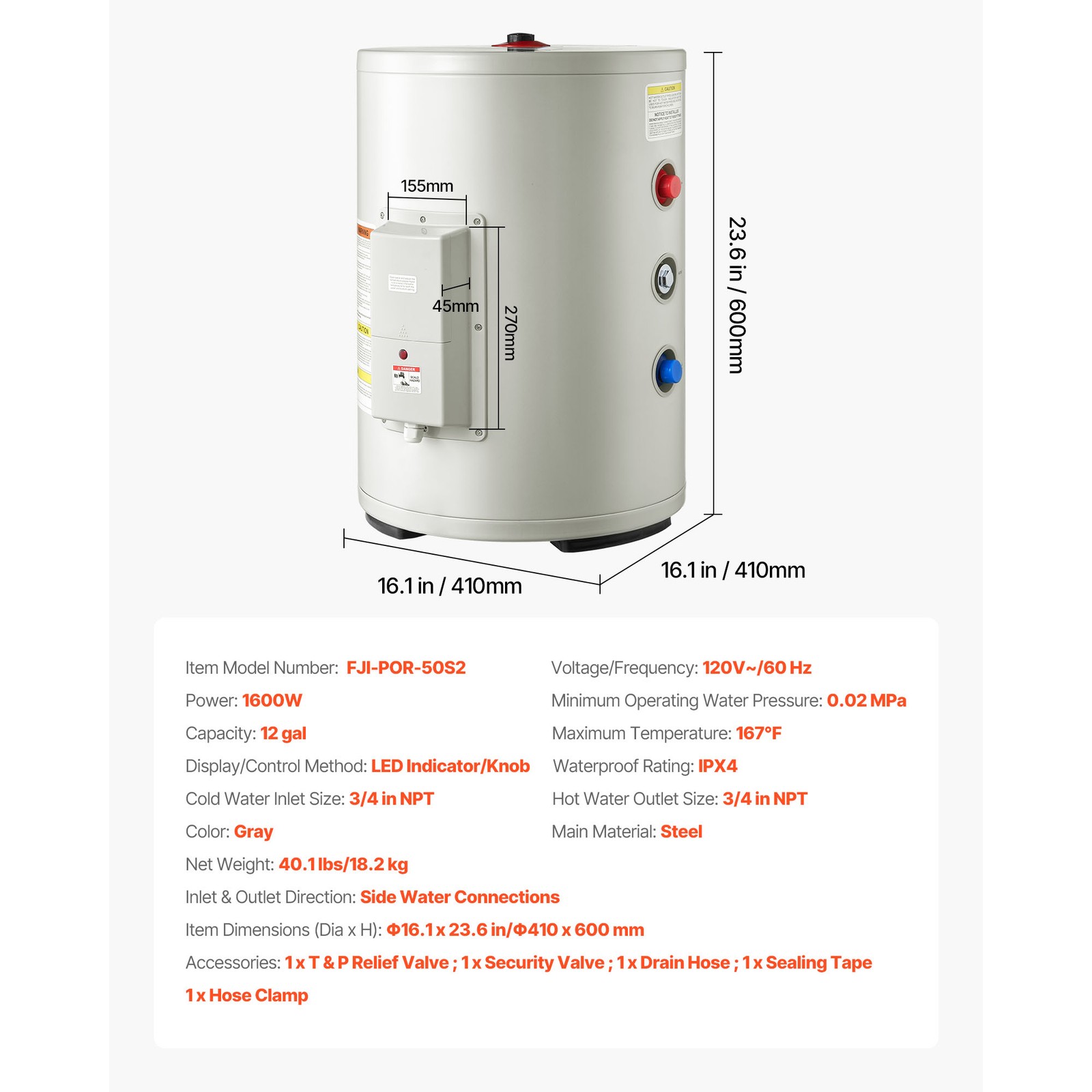 Uimoso 12-Gallon Electric Water Heater, 1600W, 120V, Point-of-Use with T&P Valve