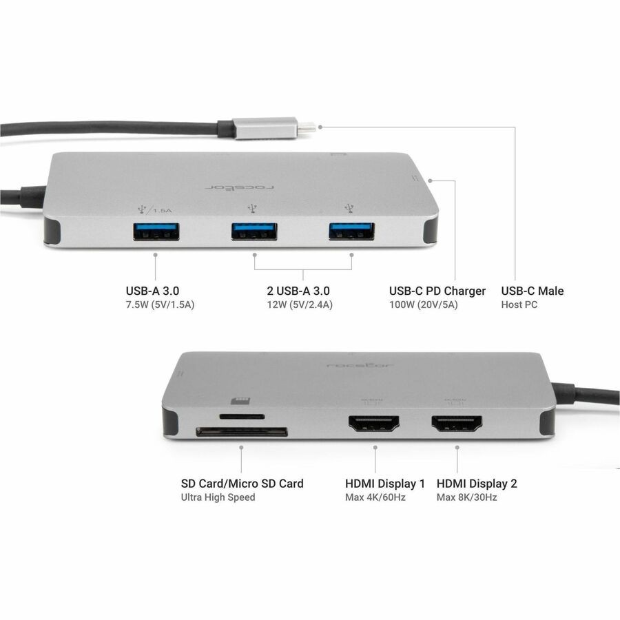 Rocstor USB C Multiport Adapter, 8-in-1 Hub