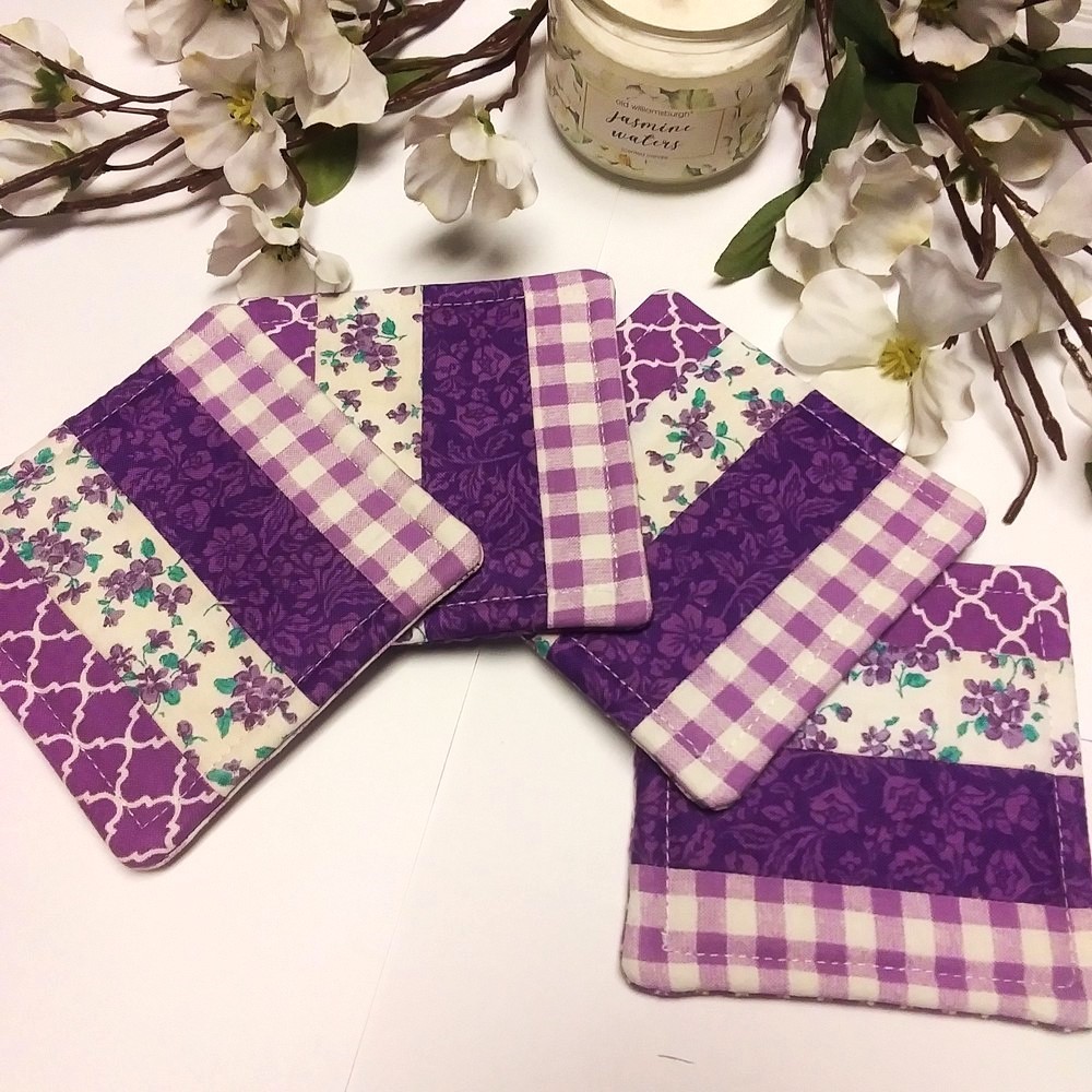 PURPLE PASSION 5pc Handmade Reversible Patchwork Coasters w/Holder & Button