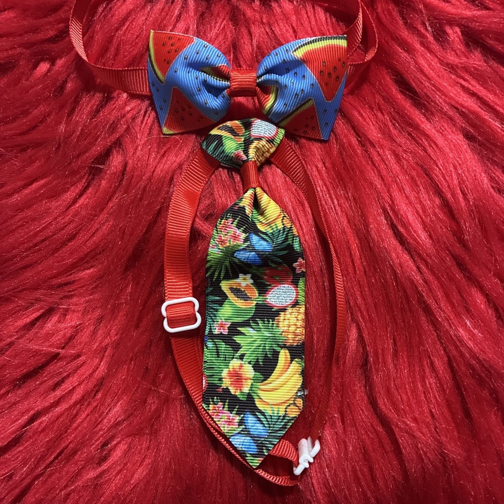 2 X Fruit Pattern, Cat Or Dog, Adjustable Bow & Tie Set. Homemade.