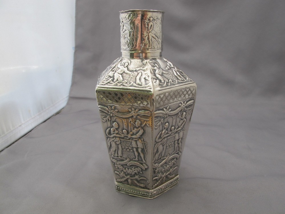 Antique DUTCH 835 Silver Repousse TEA CADDY-Hexagonal Form