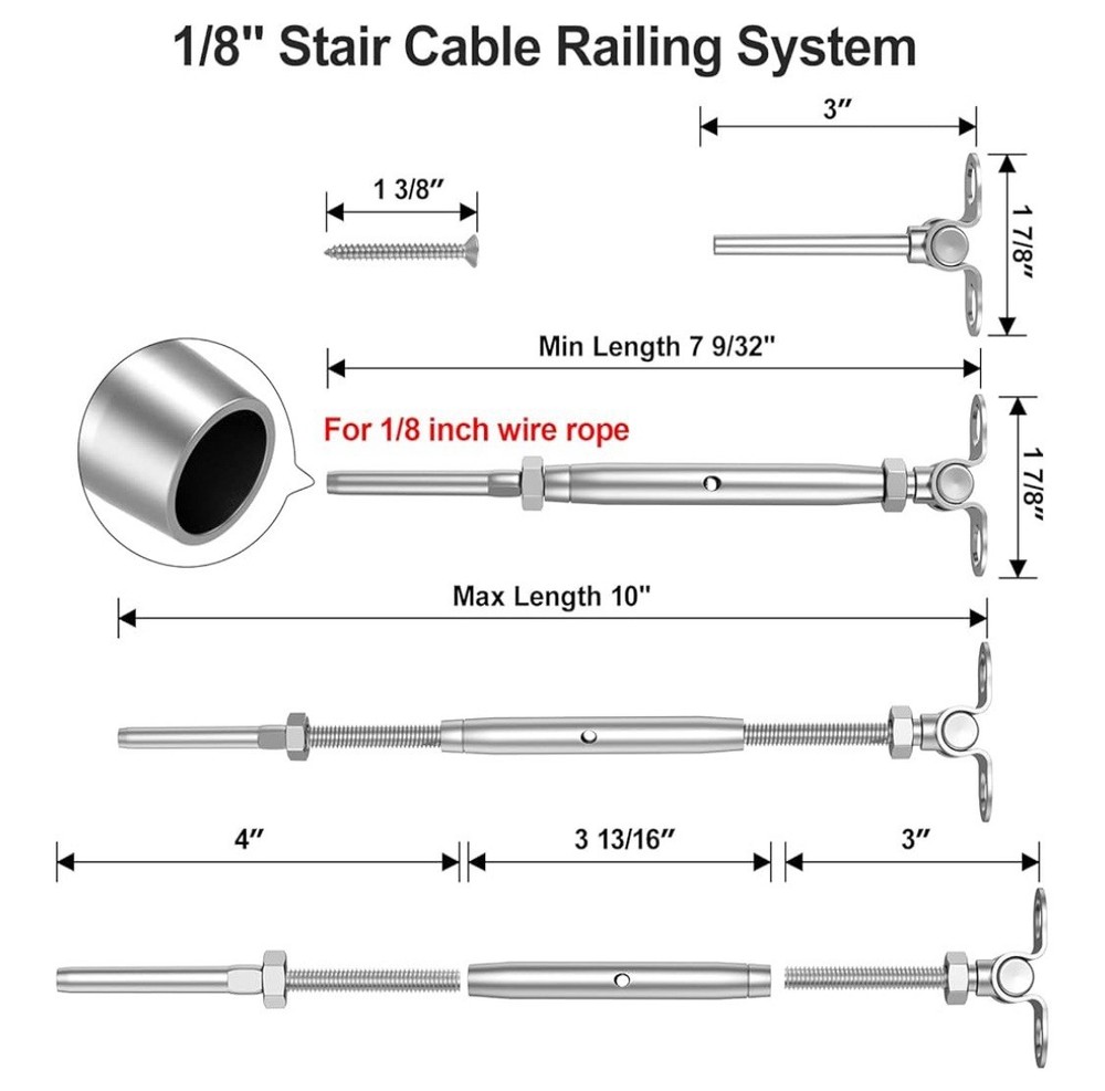 (5 Sets) 1/8" Cable Railing Kit Swage Toggle Turnbuckle Hardware Adjustable T316