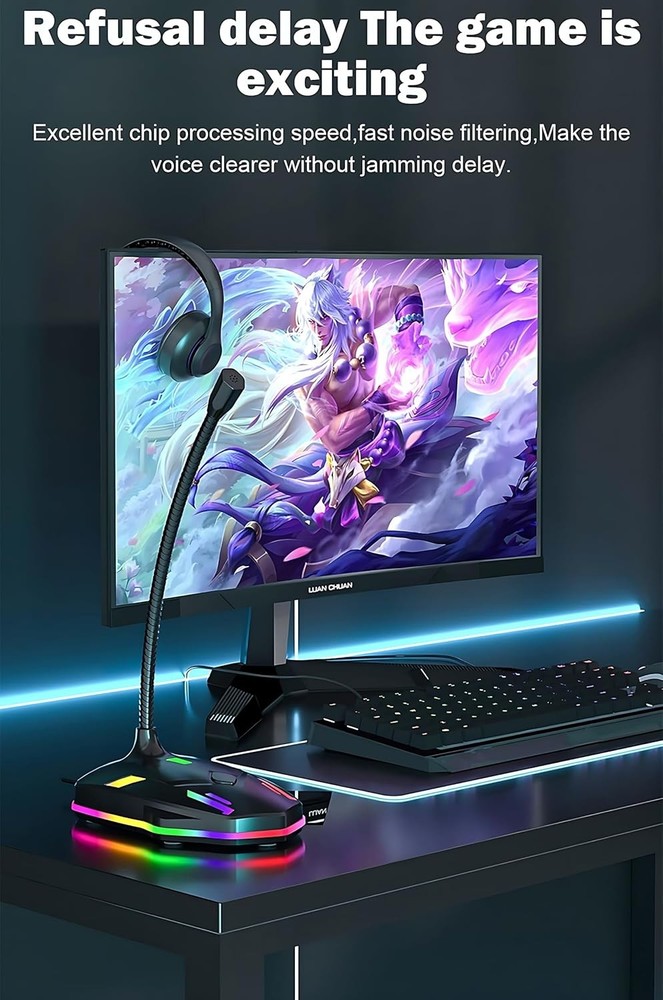 USB Computer Microphone with Mute Button&RGB Glowing Light Compatible with PC La