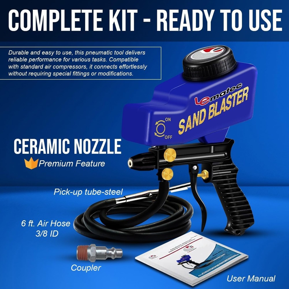Complete Portable Sand Blaster Set - 4+ CFM, Siphon Function & Versatility
