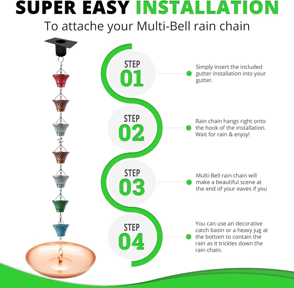 5.8FT Multicolor Iron Rain Chains Gutter & Rain Barrel Rust-Resistant Plated