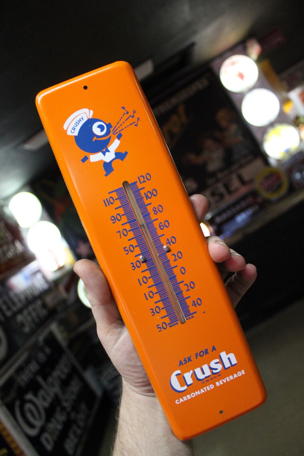 SCARCE 1950s ORANGE CRUSH SODA POP PAINTED METAL THERMOMETER SIGN PEPSI COKE RC