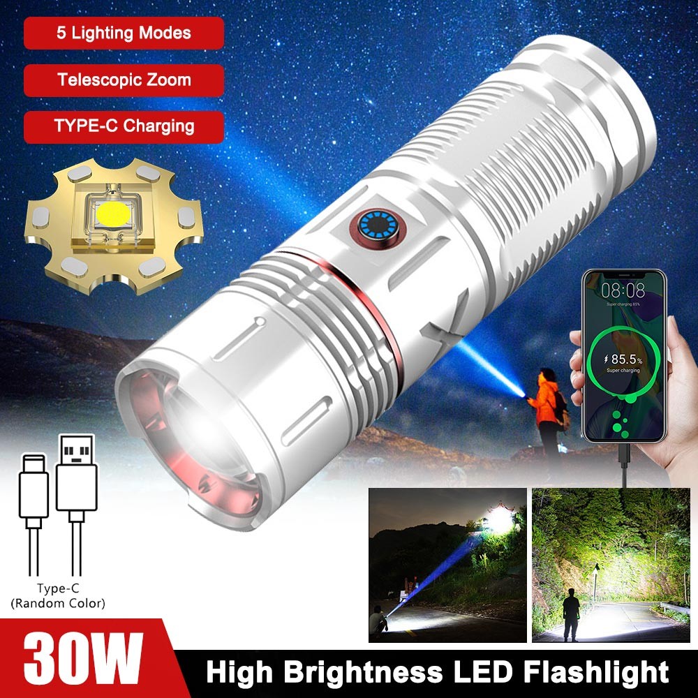 Laser White LED Flashlight TYPE-C Charging Super Bright Torch Zoomable Light US