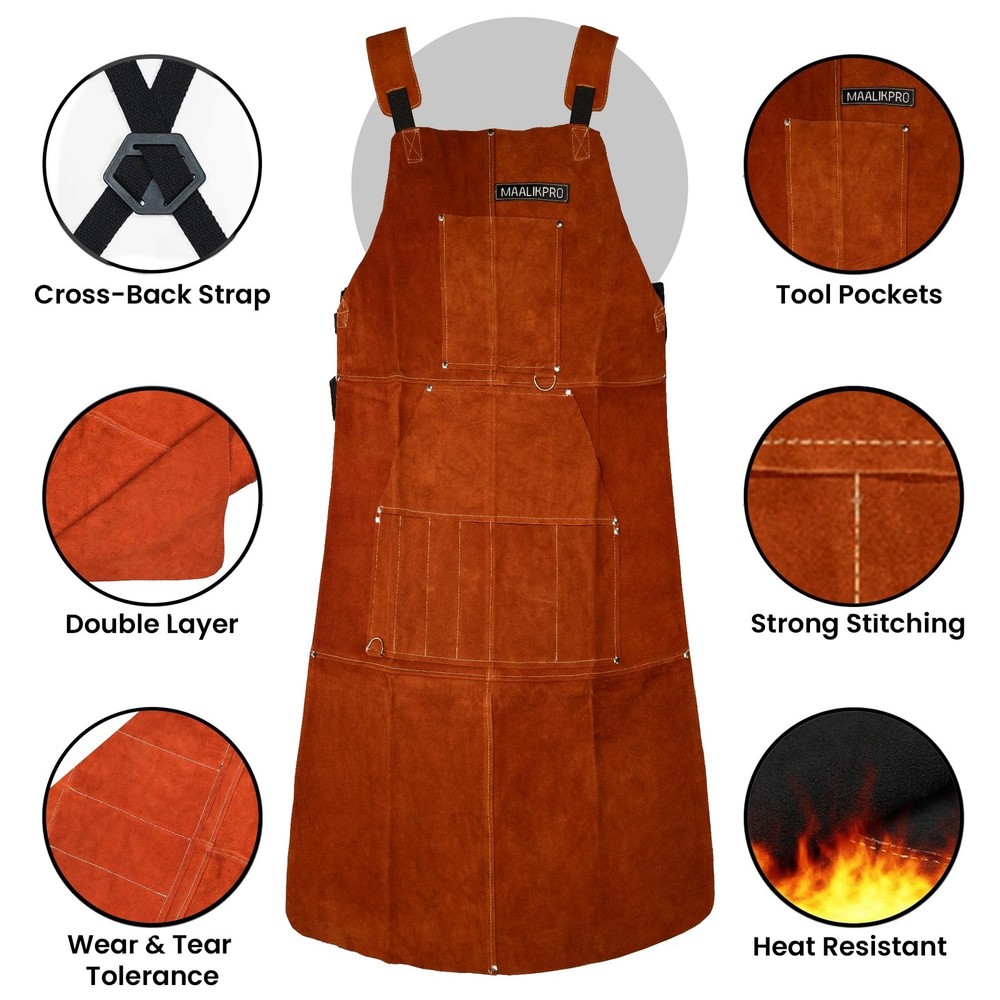 Leather Welding Work Apron with 9 Tool Pockets Brown
