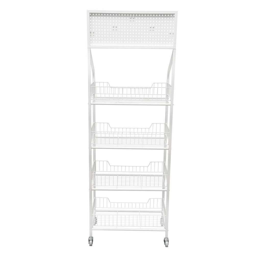 4-Tier White Metal Display Rack with Hooks for Snacks and Essentials
