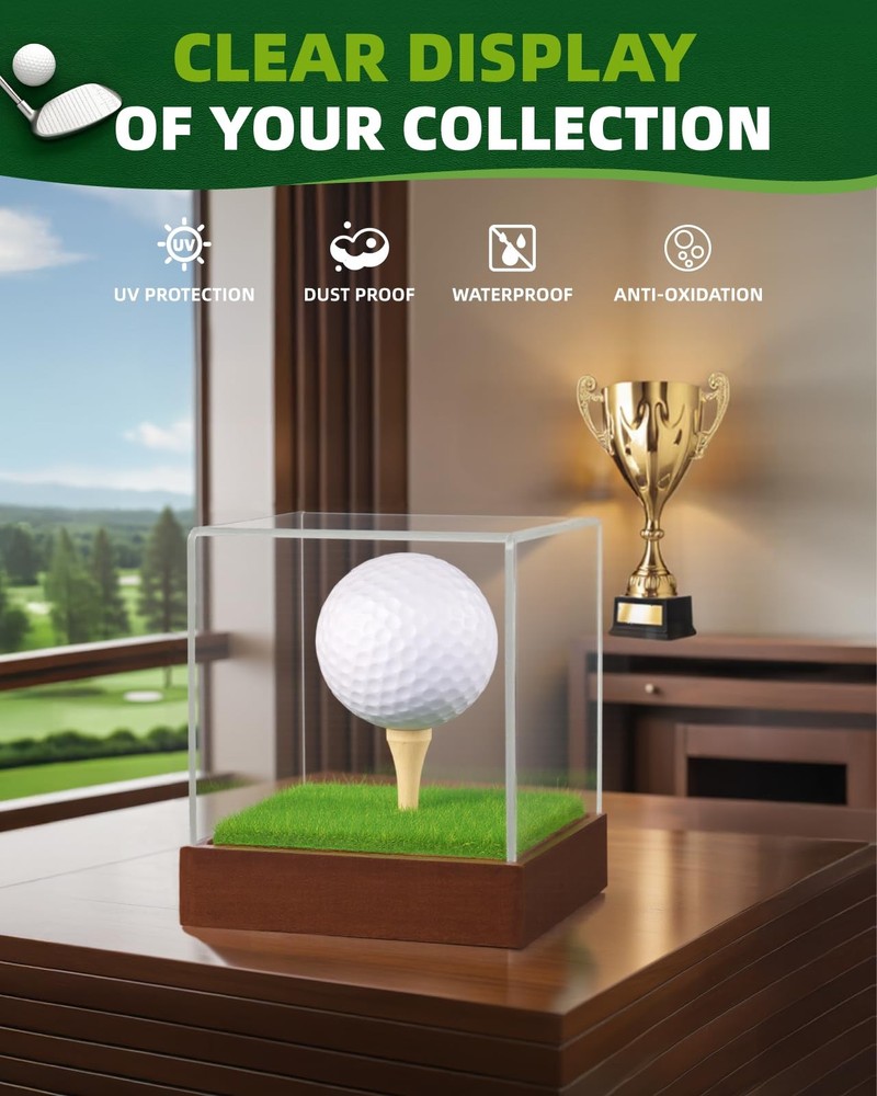 Golf Ball Display Case - Clear Acrylic Cube with Solid Wood Base & Tee, Anti-...