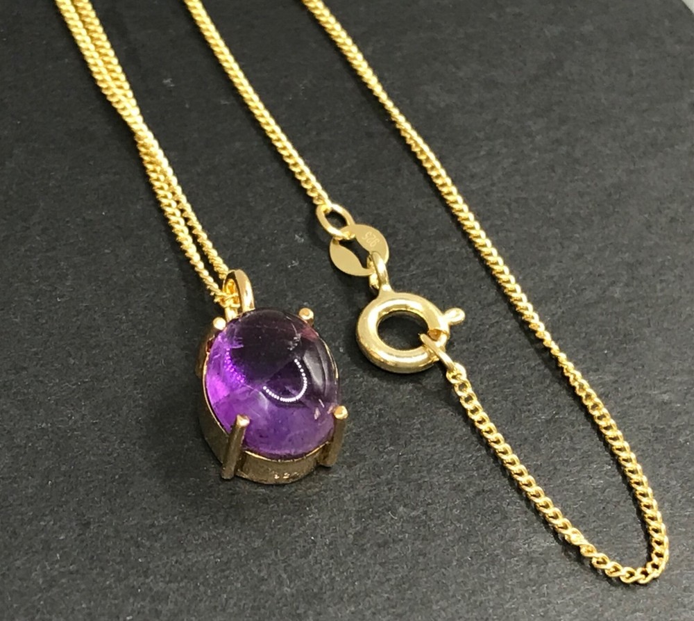 Amethyst cabochon set, stud earrings, pendant, gold on solid sterling silver.