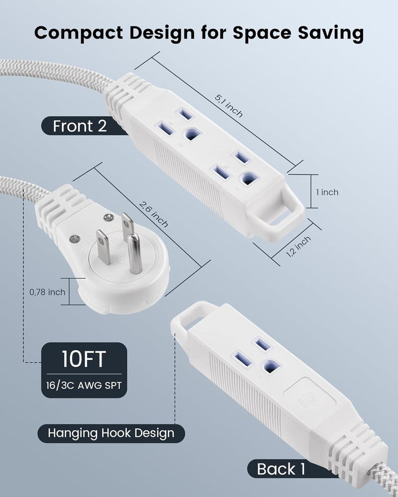 10FT 360° Rotating Flat Plug Extension Cord Flat Wall Plug with 3 Outlets, Braid