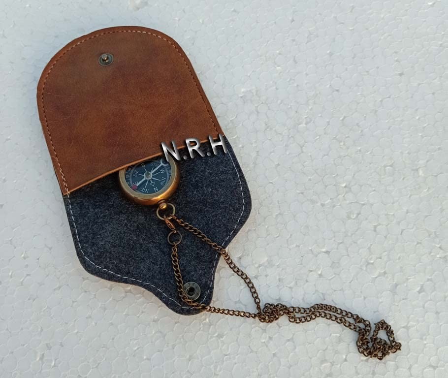 Brass Compass with Leather Case and Chain Locket Navigation