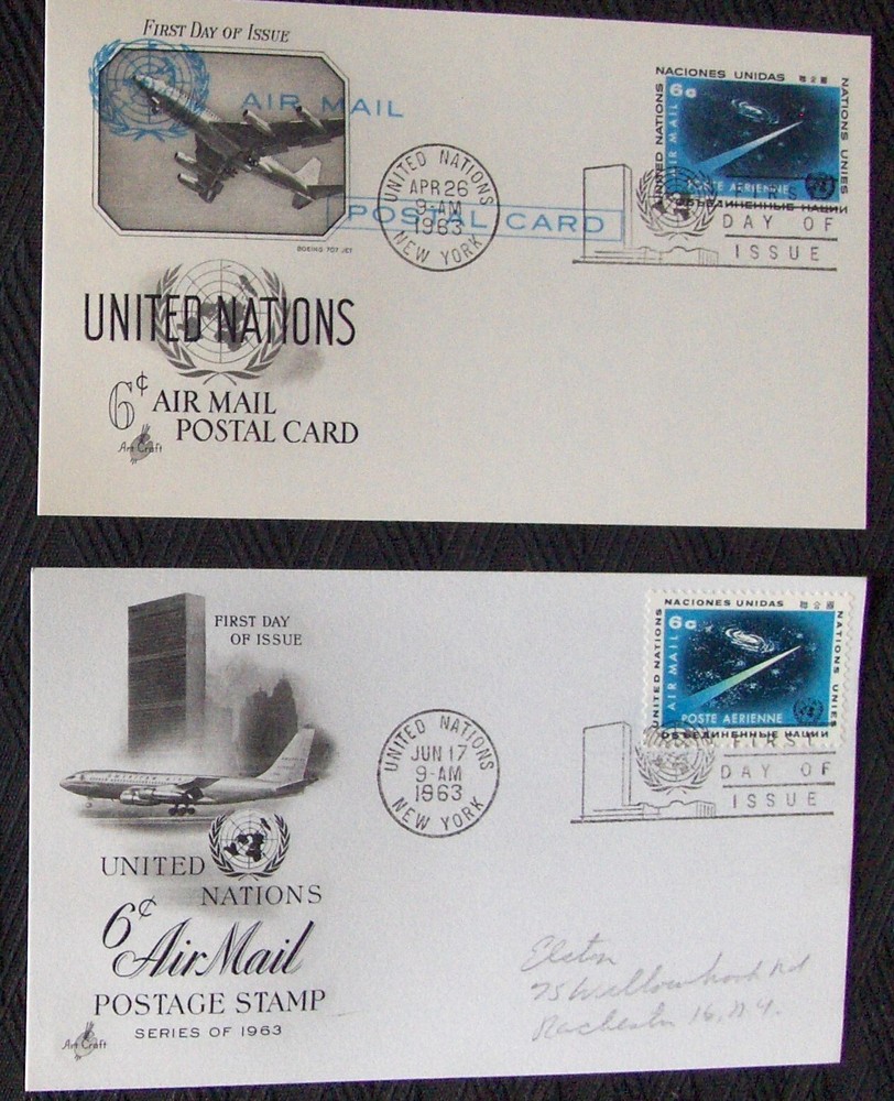 United Nations set of 2 FDC's AIR MAIL NY 6/17/1963.
