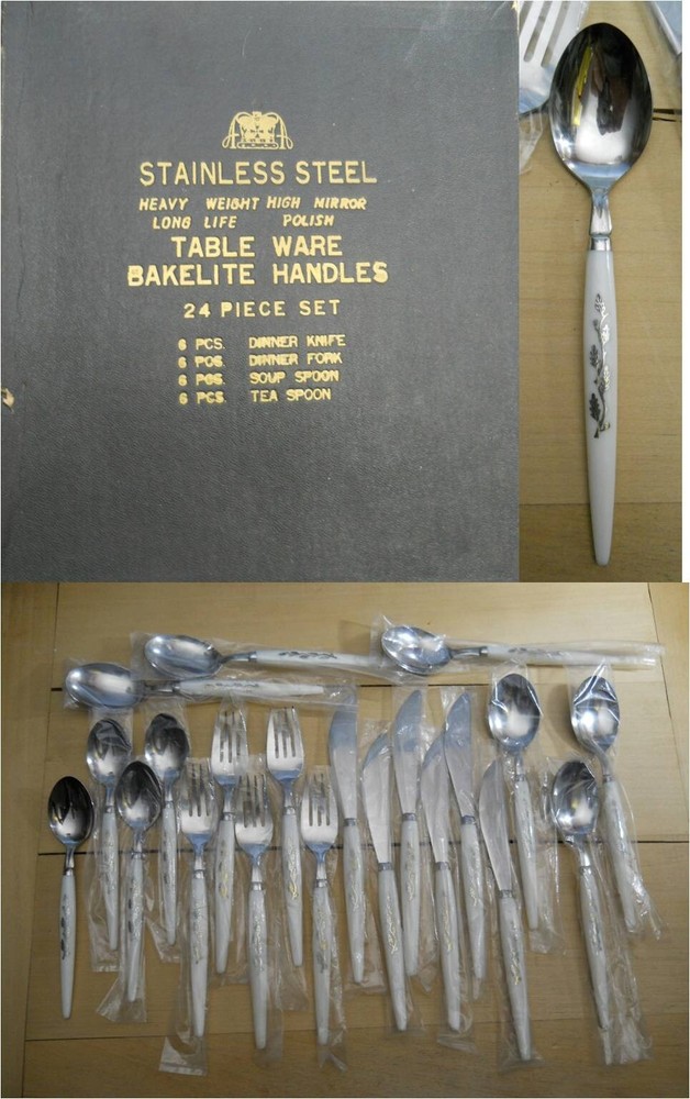 Danish Modern 21 Pc Set Royal Crown Bakelite Silverware White Silver Oak Leaf