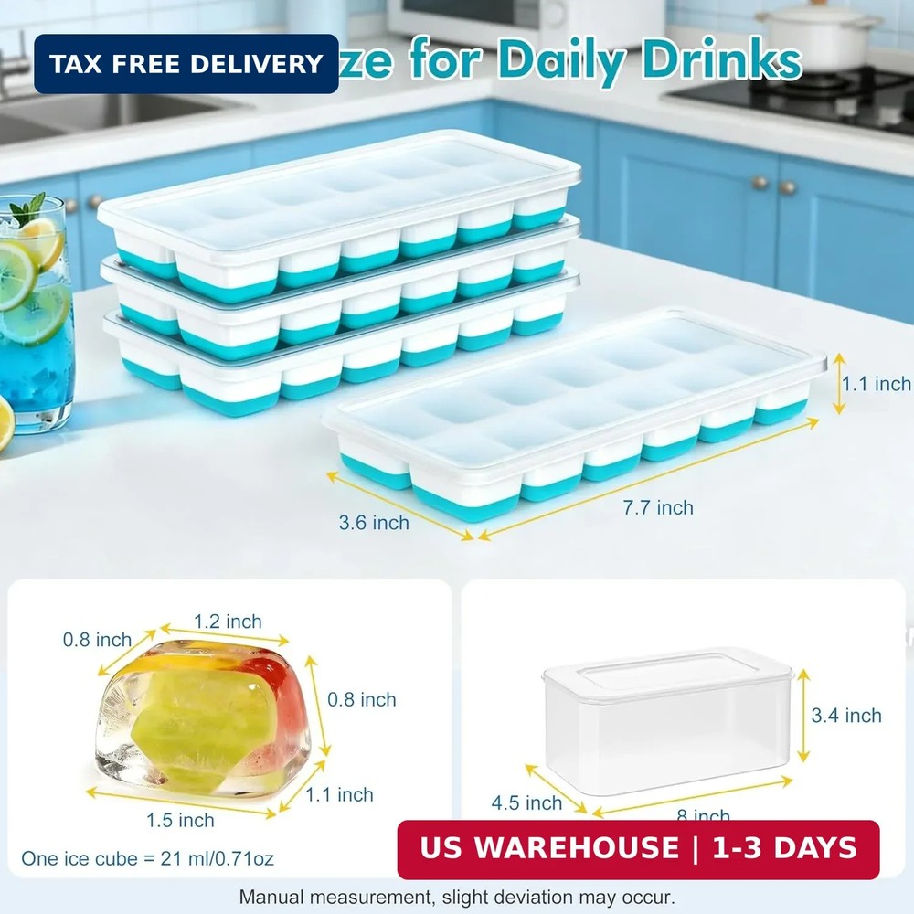 NFK Ice Cube Tray with Lid & Bin - 4 Pack 48 Cubes Stackable Silicone Trays for