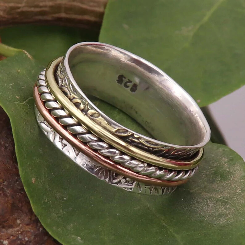 Copper Solid 925 Sterling Silver Band& Spinner Ring Handmade Ring All Size-U-91