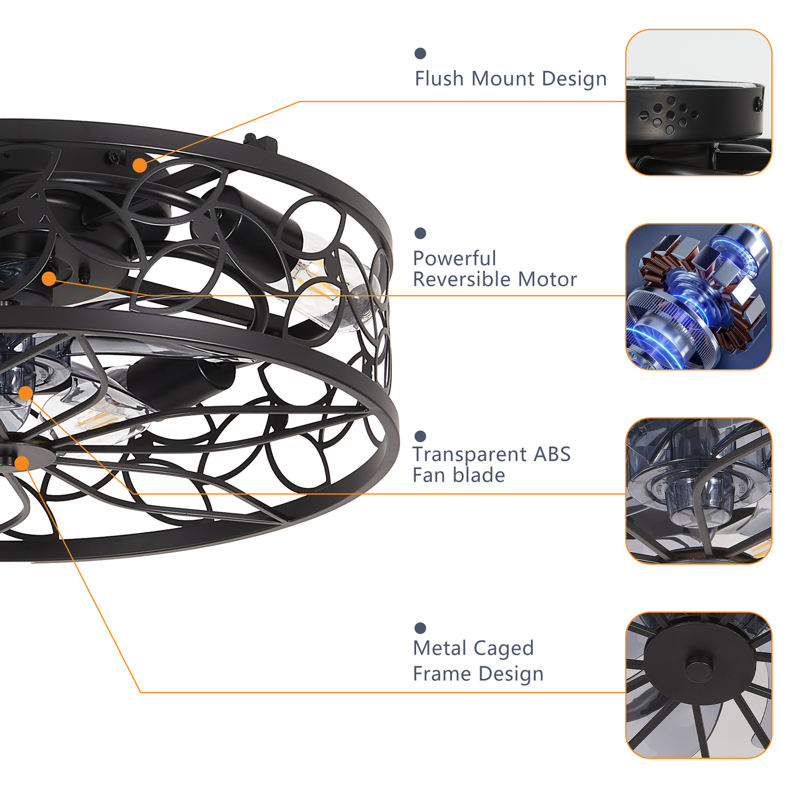 18" Black Caged Ceiling Fan Light Farmhouse Flush Mount with Remote Control kit