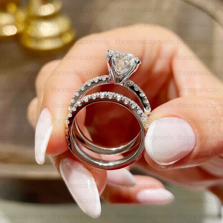 1.94 TCW Round Cut Moissanite Bridal Set Engagement Ring 14k White Gold Plated