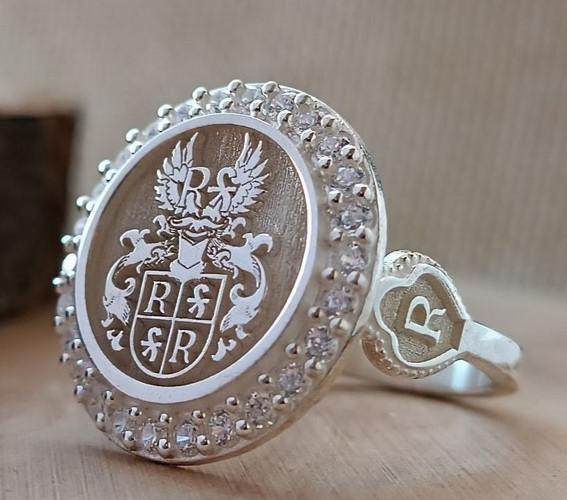 Custom Family Crest Signet Ring Sterling Silver with CZ Border Personalized Jewe