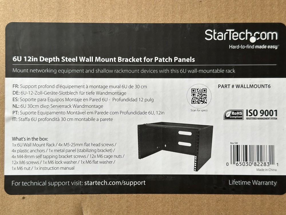 StarTech 6U 12in Deep Wall Mounting Bracket for Patch Panel - Steel - Black