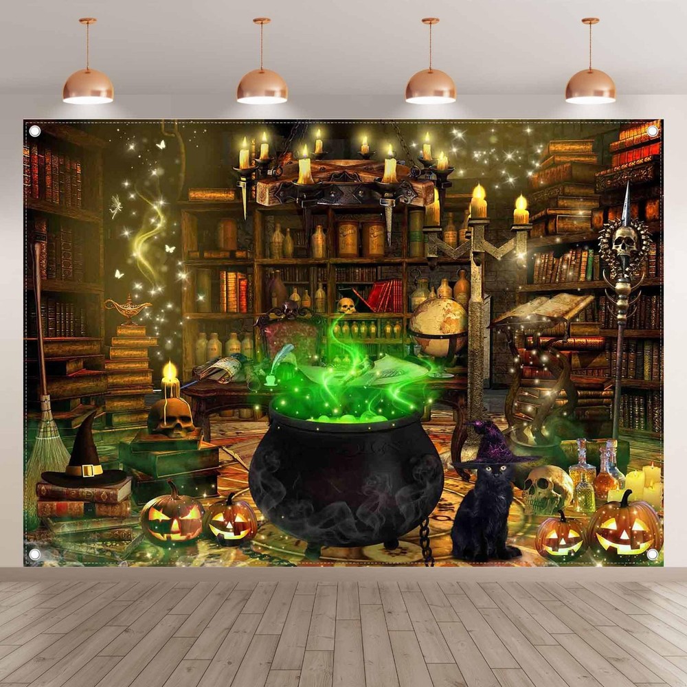 7x5ft Polyester Halloween Witch Photography Backdrop Magic Cauldron Bookshelf...